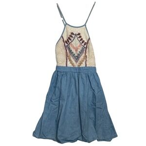 FLYING TOMATO BLUE CHAMBRAY EMBROIDERED DRESS